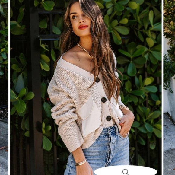 VICI Cardigan Sweater Front Pockets Cream Beige - Picture 2 of 7